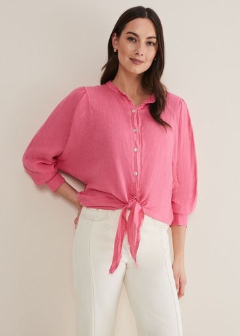 Phase Eight Raelynn Tie Front Linen Shirts Pink Australia | KP5079624